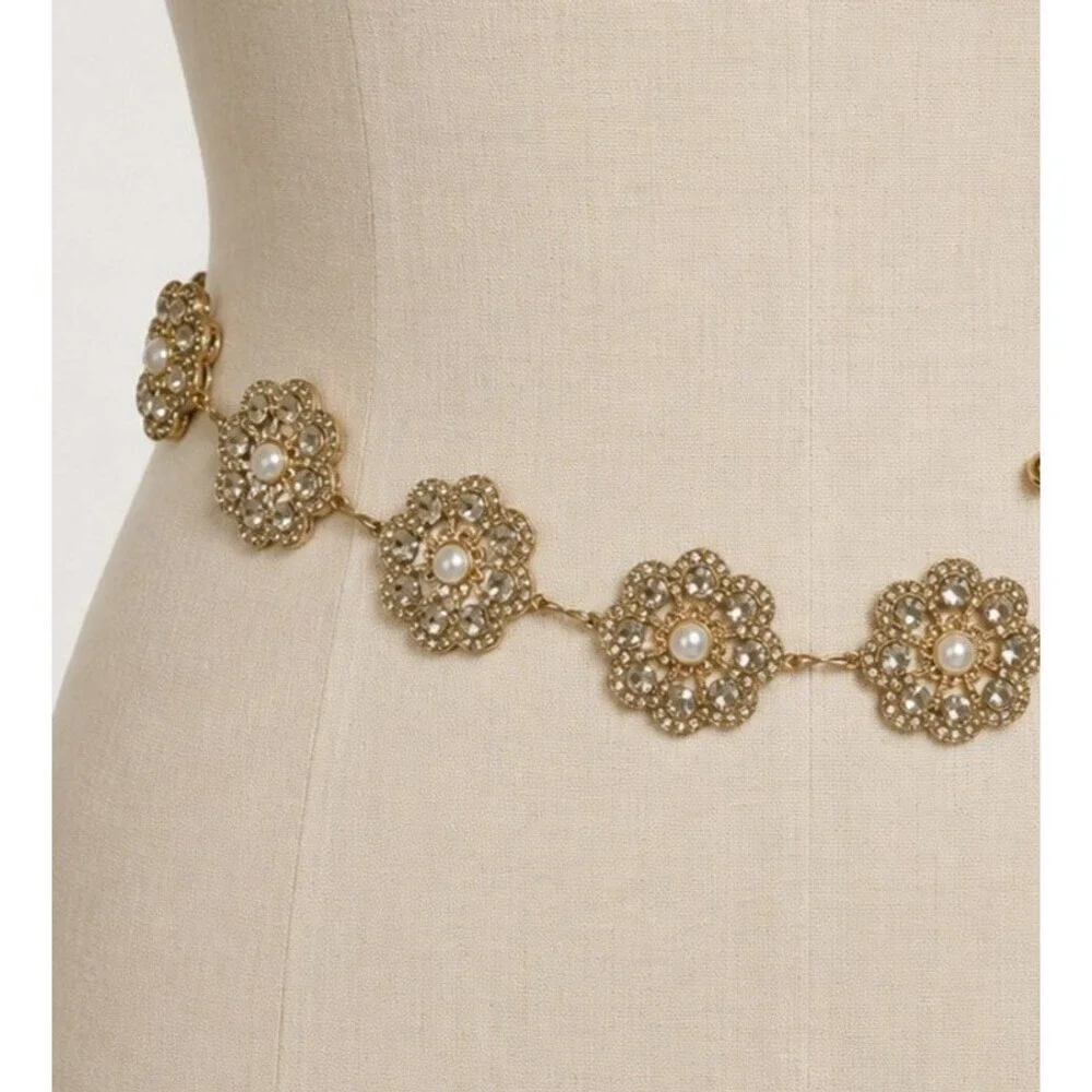 Vintage Crystal Rhinestone Flower Chain Belt Women Gold Bridal Sparkle